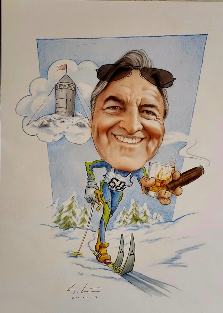karikatura slavljenca na smučeh s cigaro in kozarcem