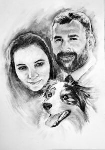 Portret para z ljubljenčkom v tehniki oglja